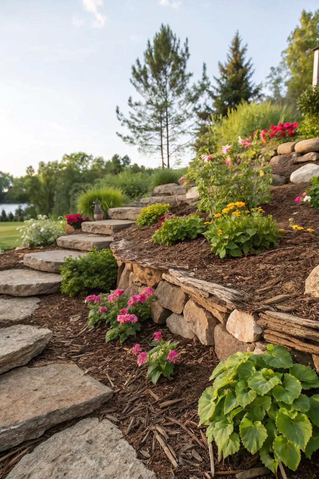 Layered garden bed with mulch adding depth.