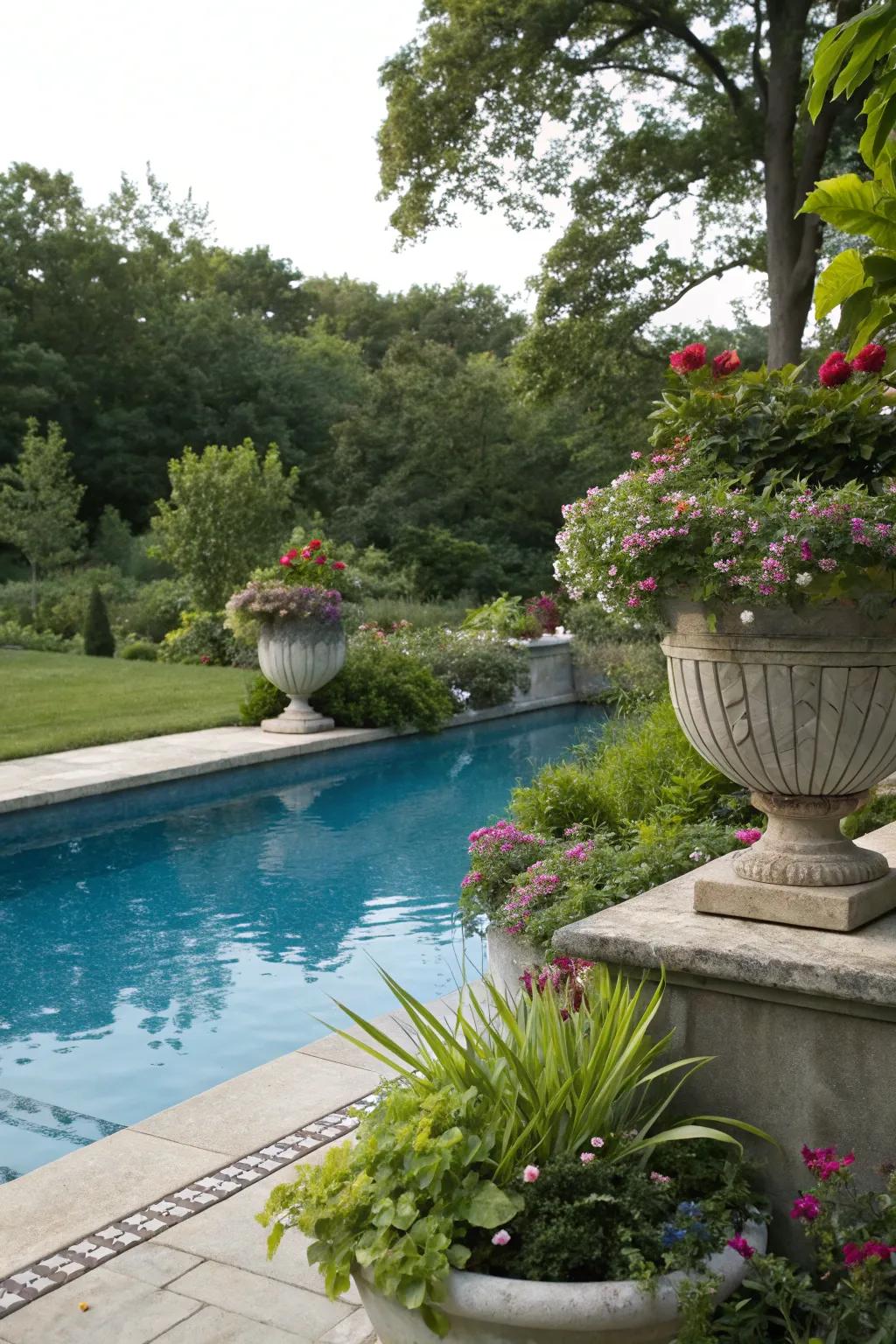 Lush greenery enhances the natural beauty of a pool area.