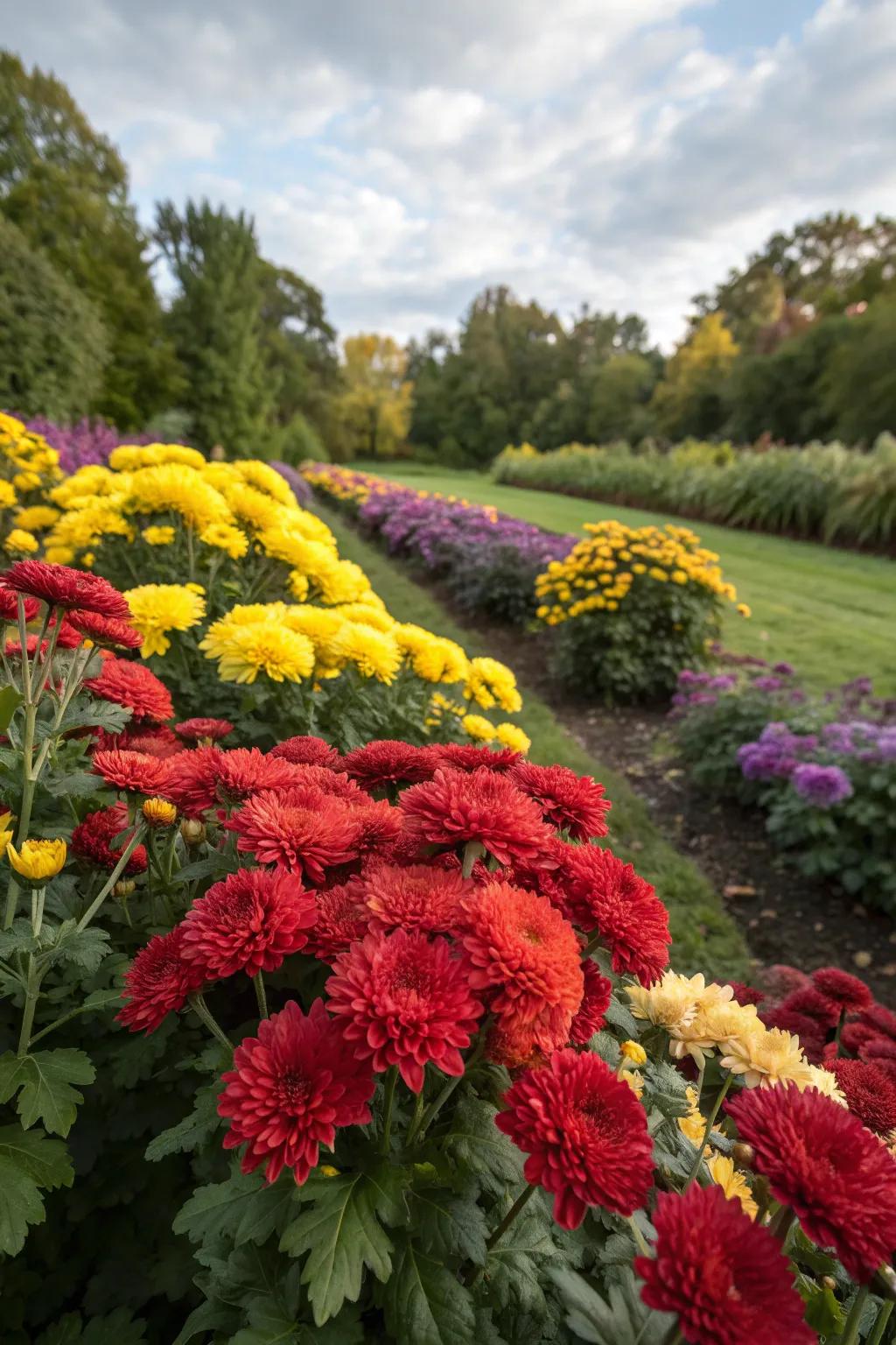 Mixed varieties of mums for color contrast.