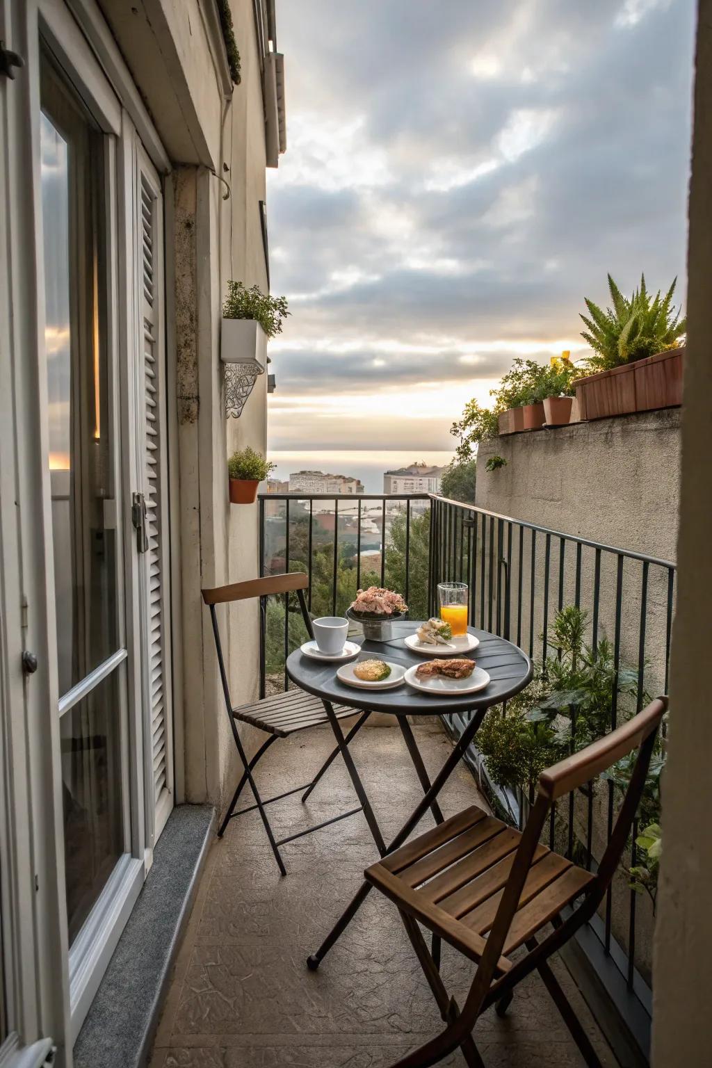 A bistro set invites dining in narrow balcony spaces.