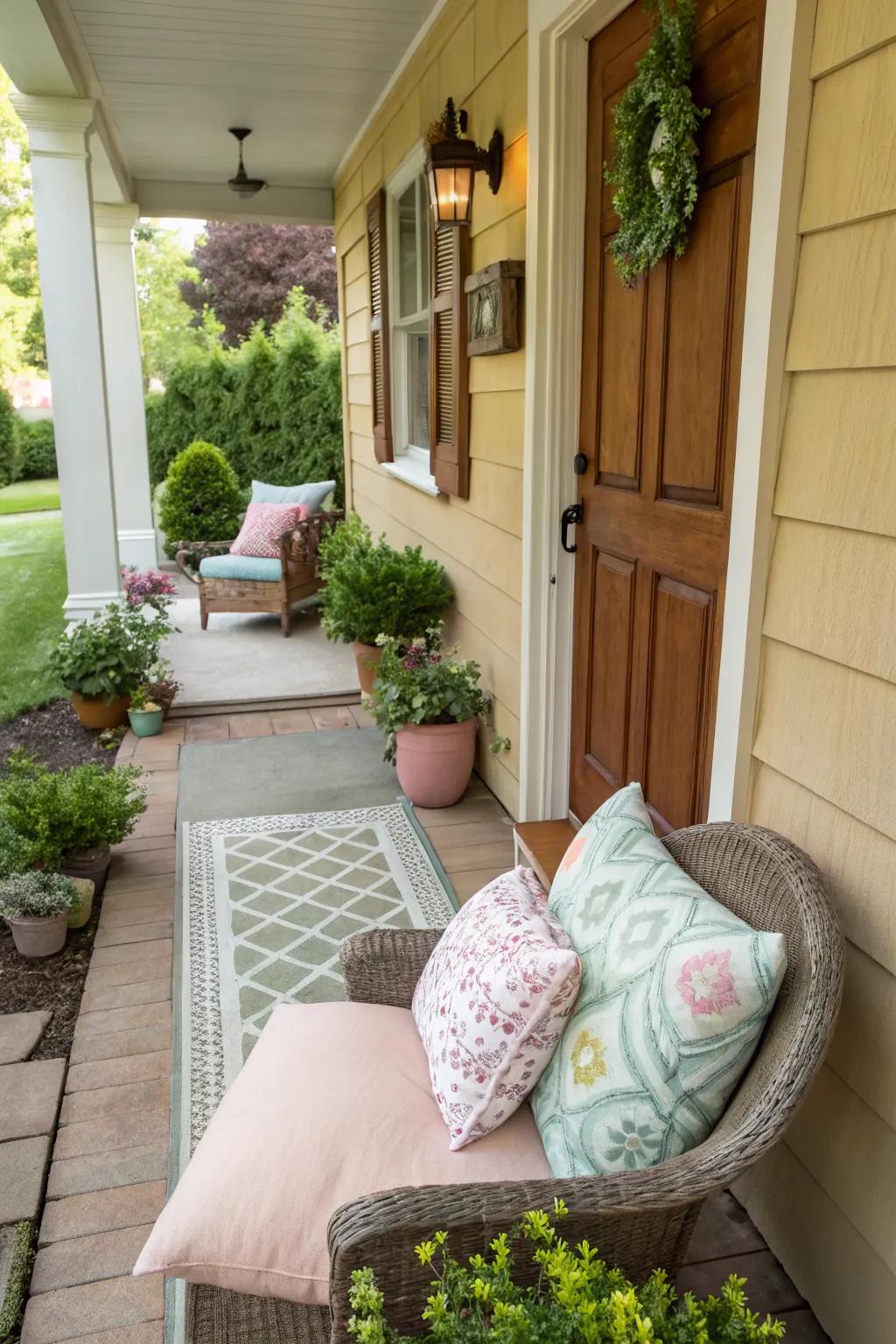 Decorative accents personalize and enhance the charm of a narrow porch.