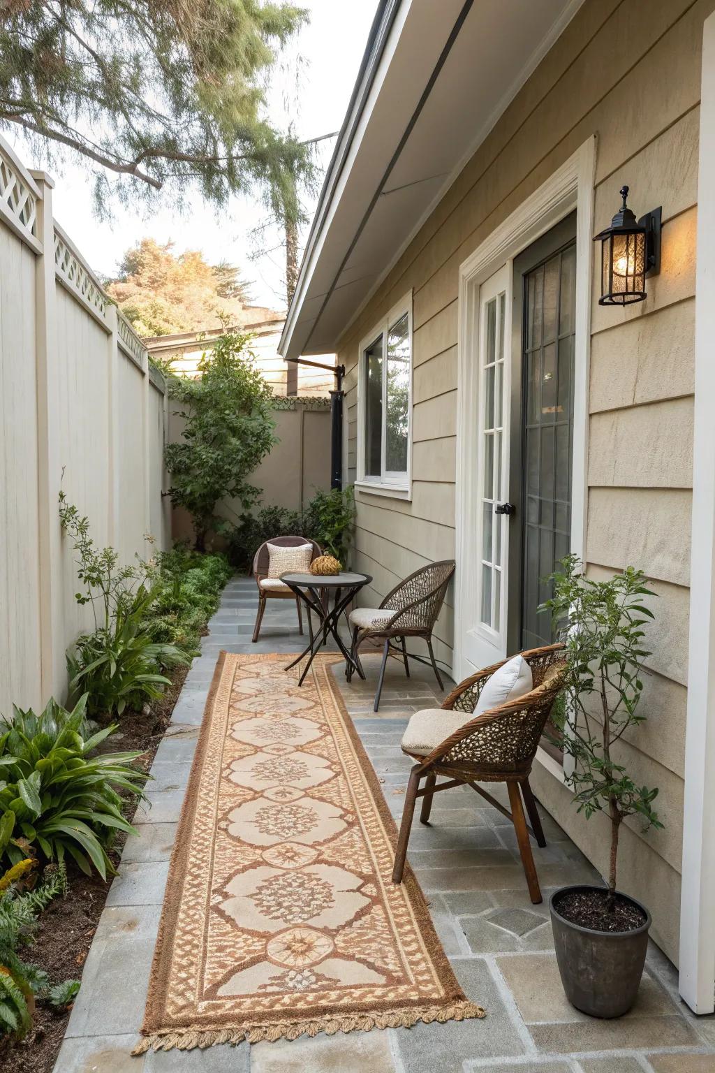 Outdoor rug defining a seating area on a narrow patio.