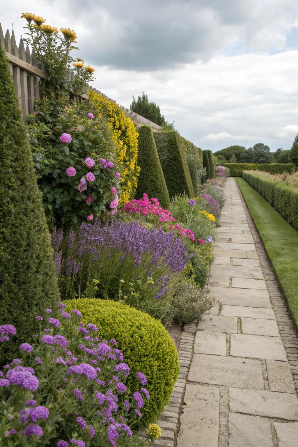 Boxwoods and perennials provide year-round structure in this narrow planting strip.