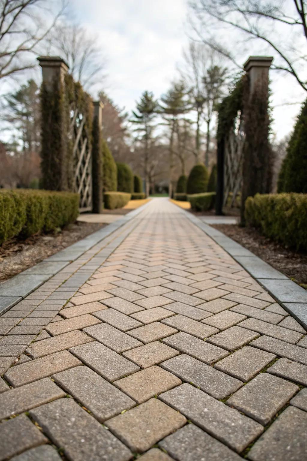 A narrow walkway showcasing pavers arranged in a herringbone pattern.