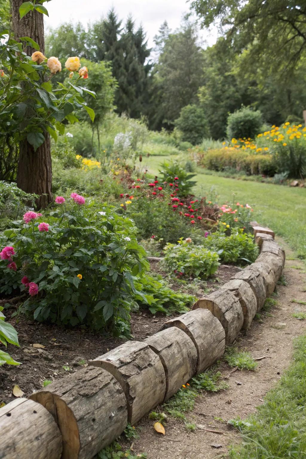 Rustic log roll edging providing a natural border for garden beds.