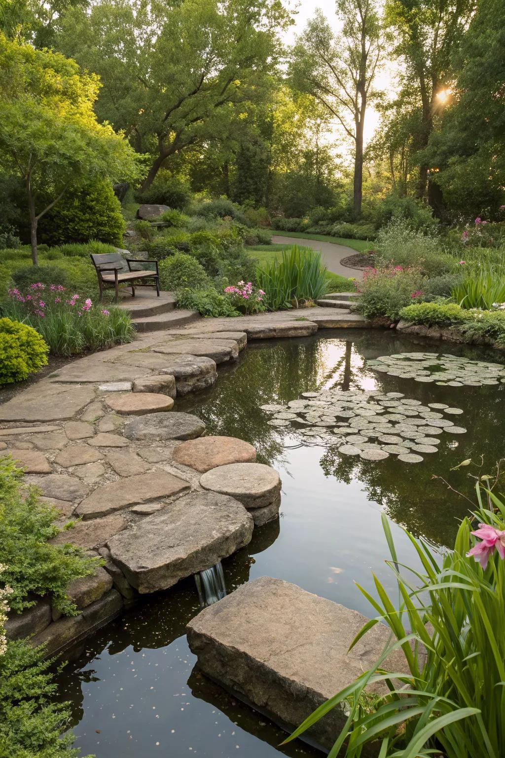 Rustic stone seating and ledges around a garden pond.