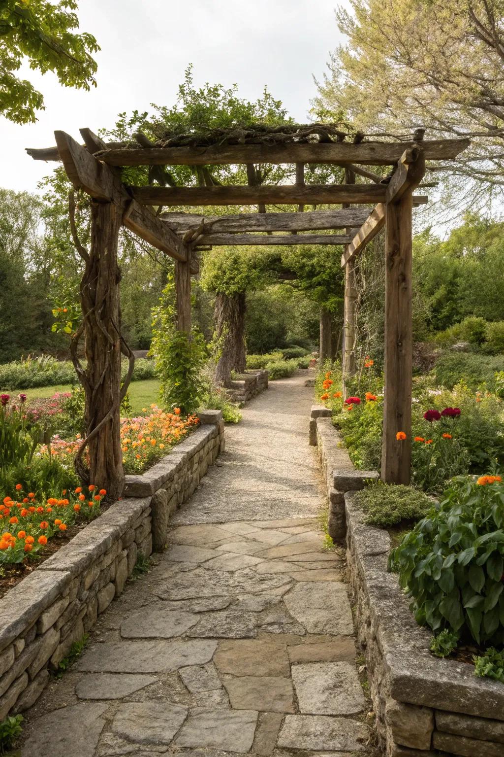 Rustic wood and stone elements enhancing a natural garden.