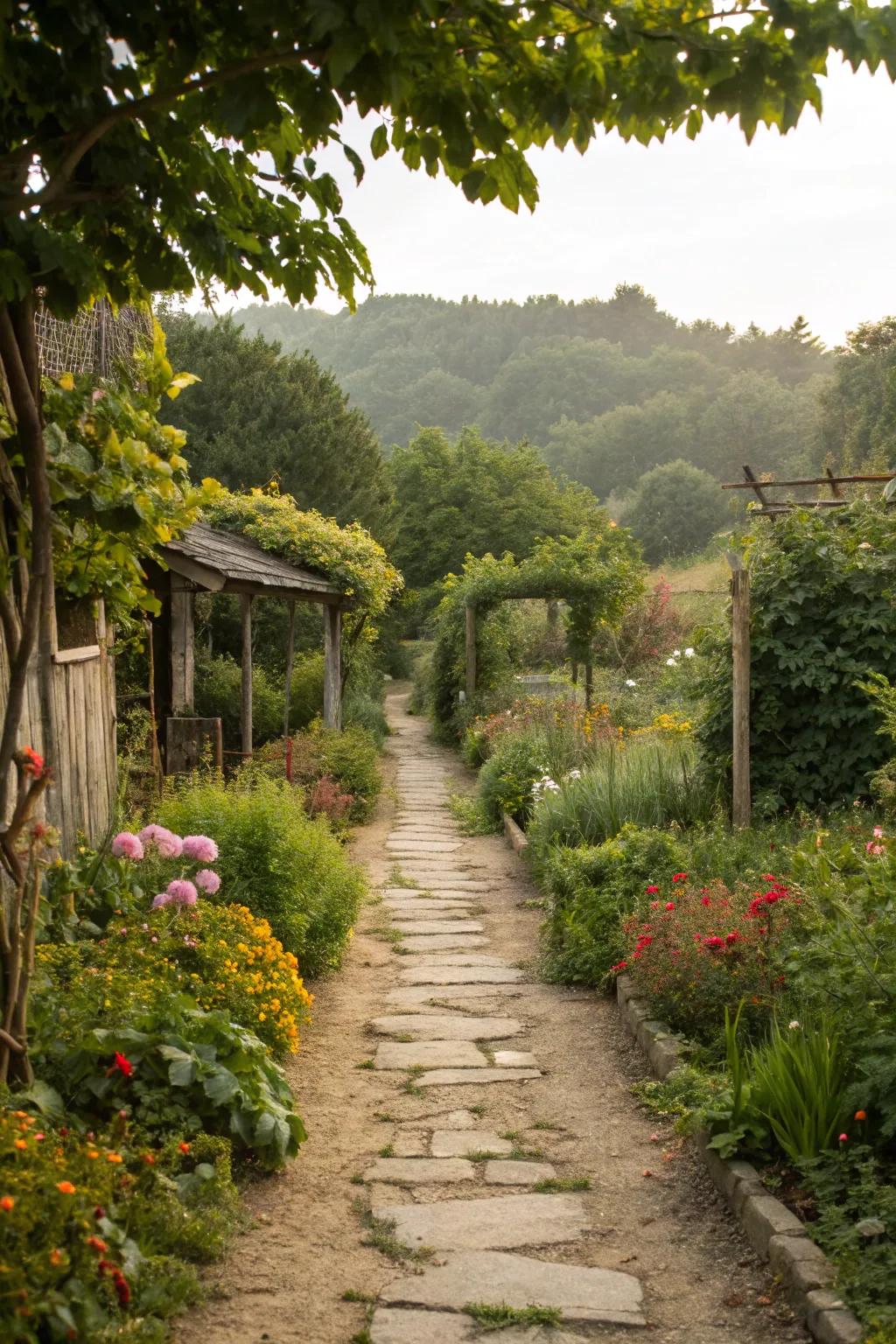 Rustic pathways create enchanting routes to secluded garden spots.