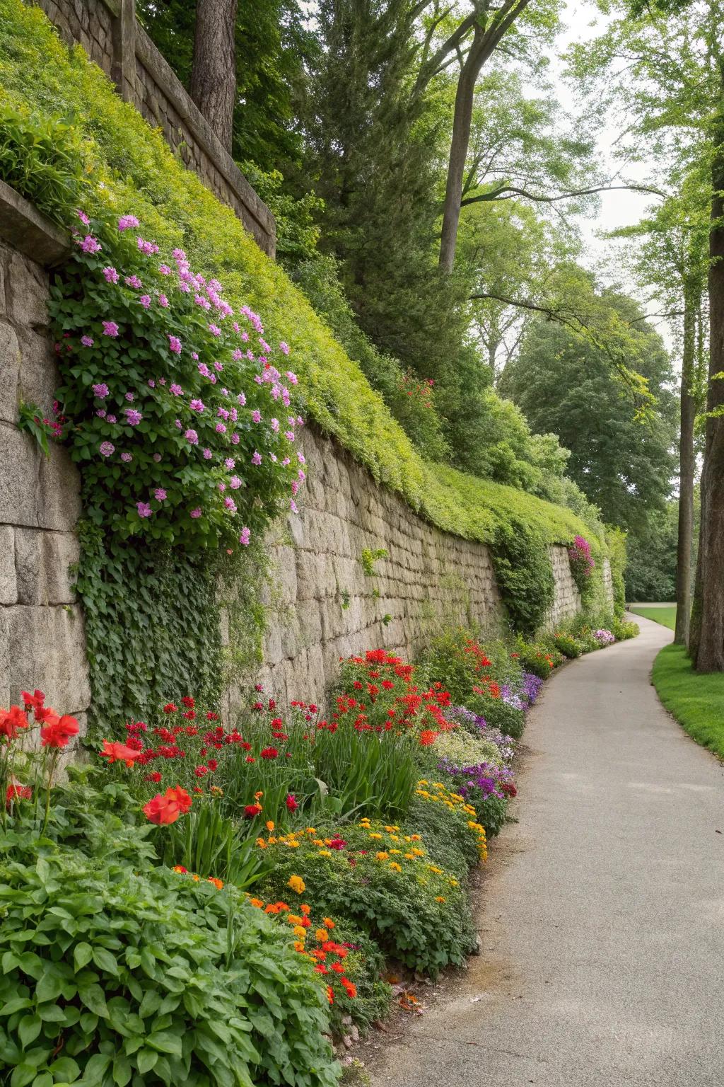 A living wall with plants growing directly from its structure.