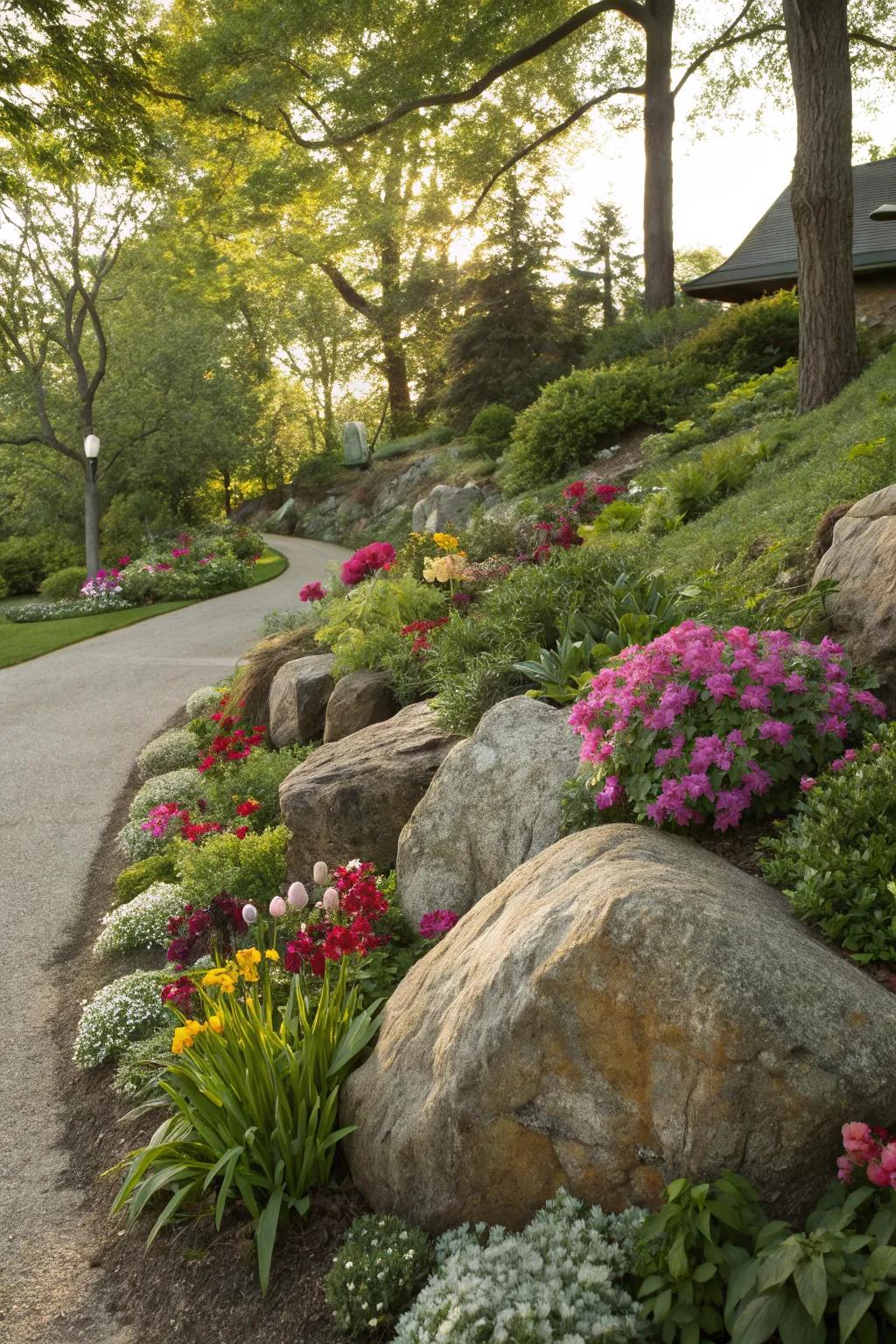 Large rocks define garden beds, adding texture and visual interest.