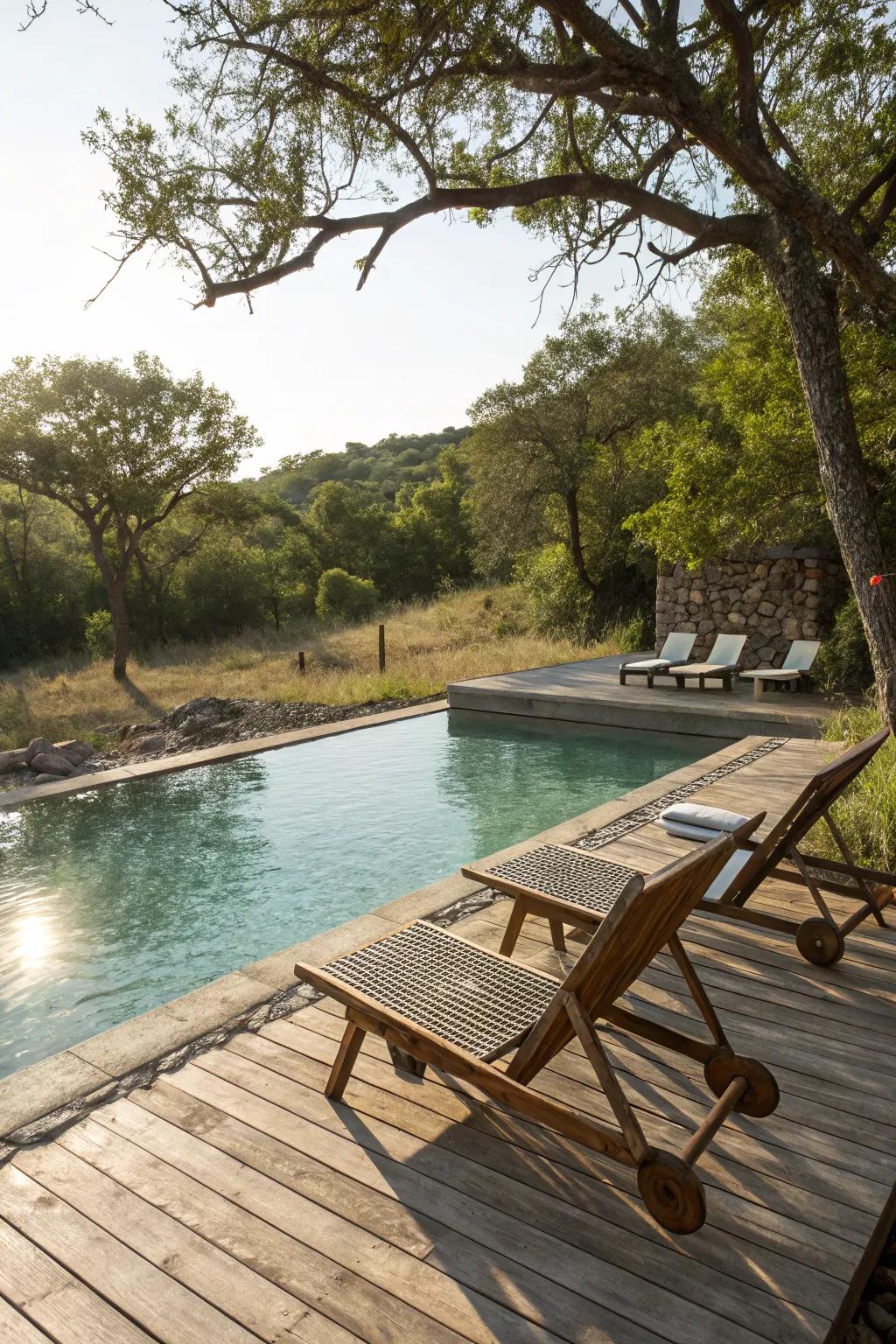 A natural swimming pool accompanied by a wooden deck, perfect for sunbathing and relaxation.