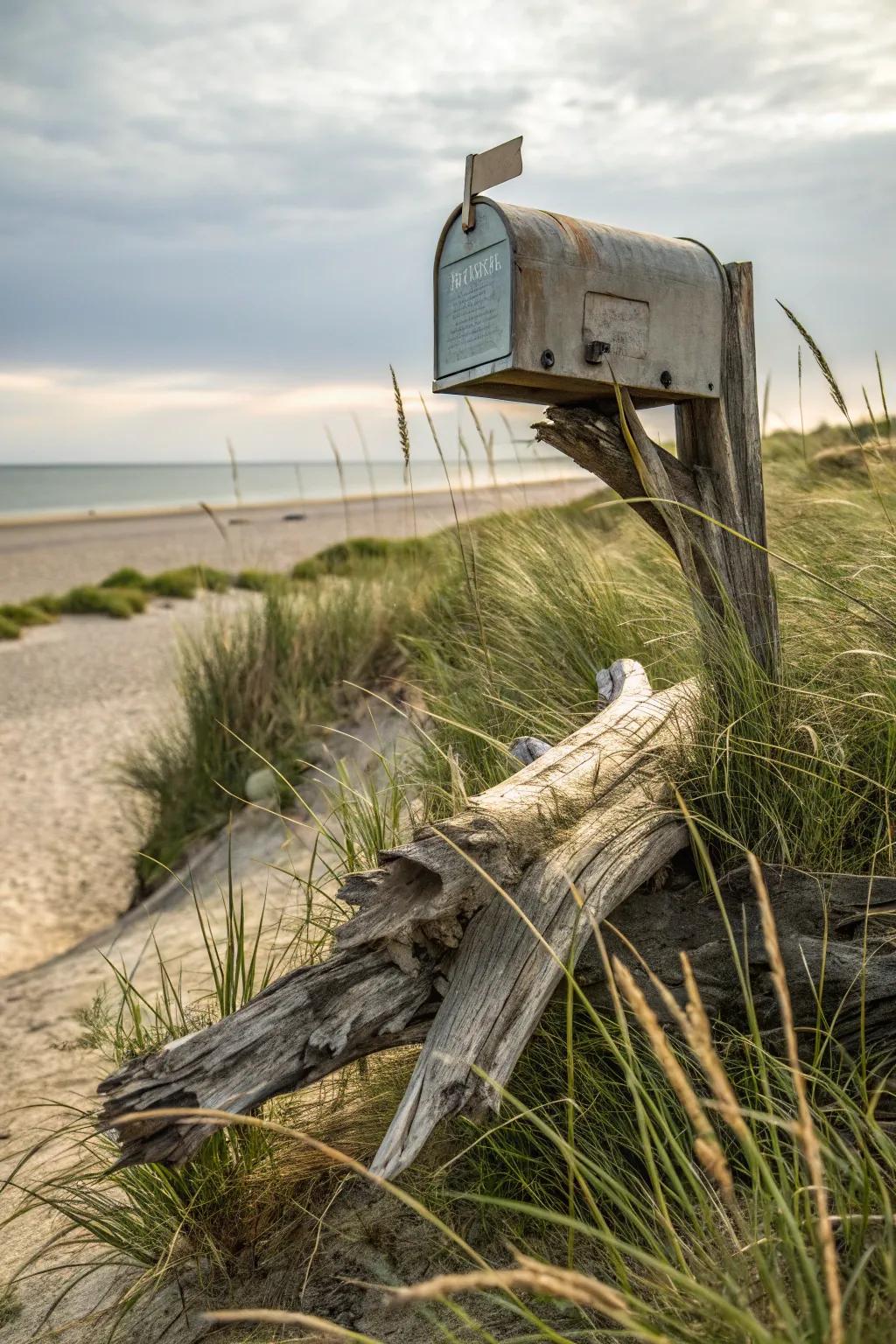 A mailbox mounted on a driftwood post.
