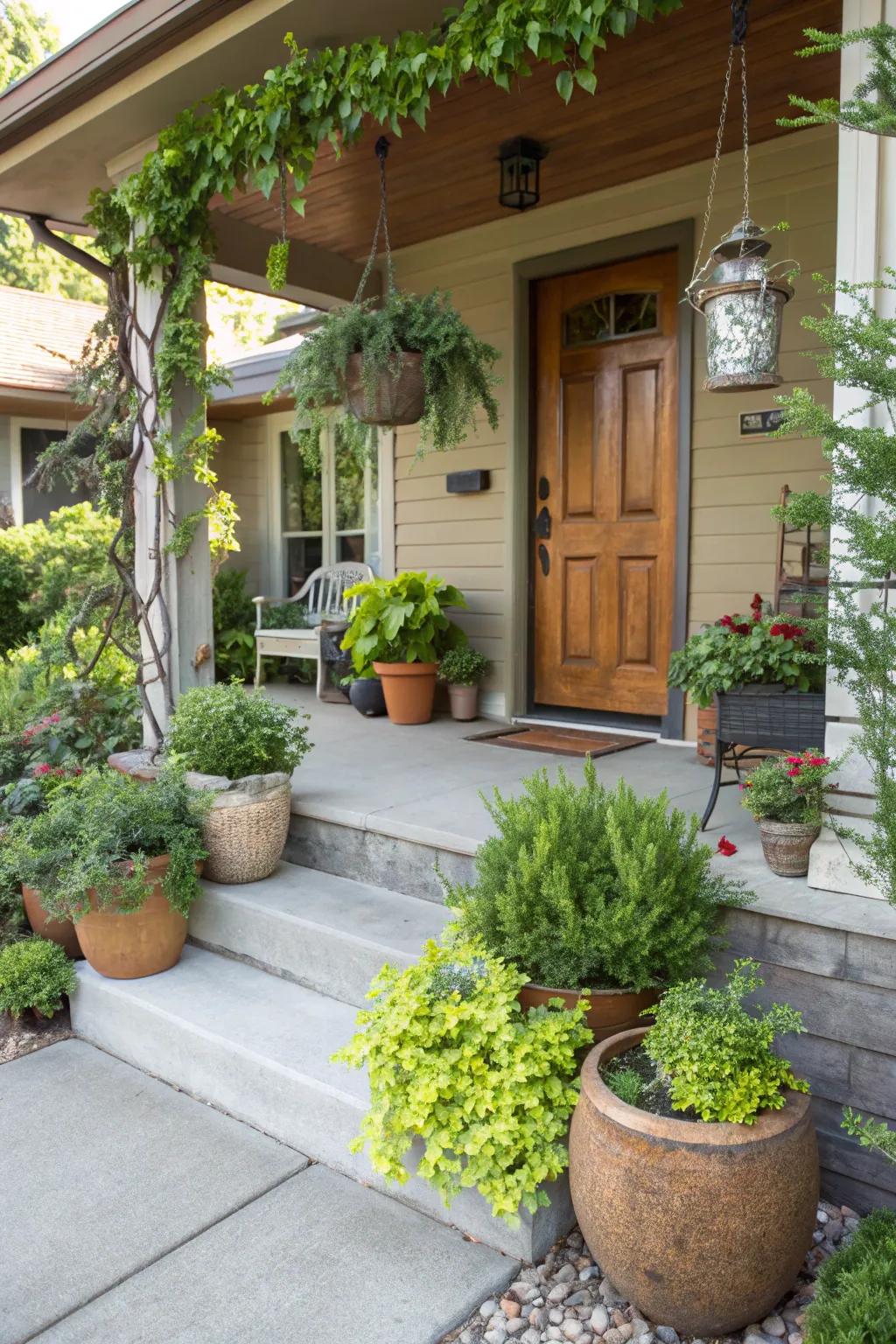 A welcoming front porch with colorful potted plants.