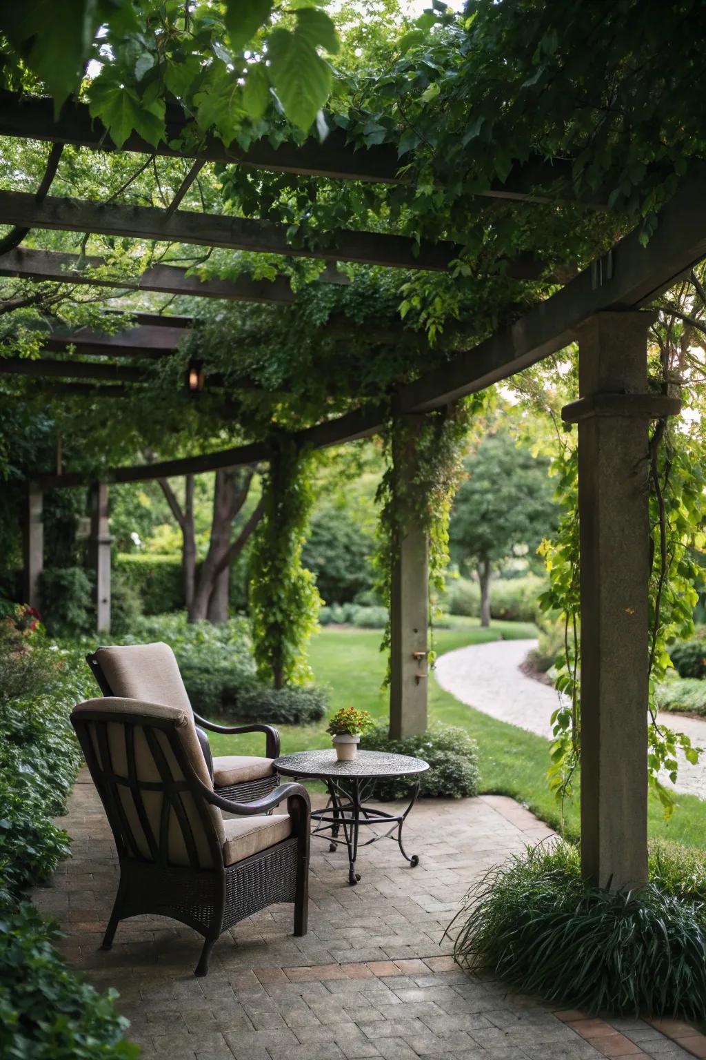 A shaded seating area under a pergola, perfect for relaxation.
