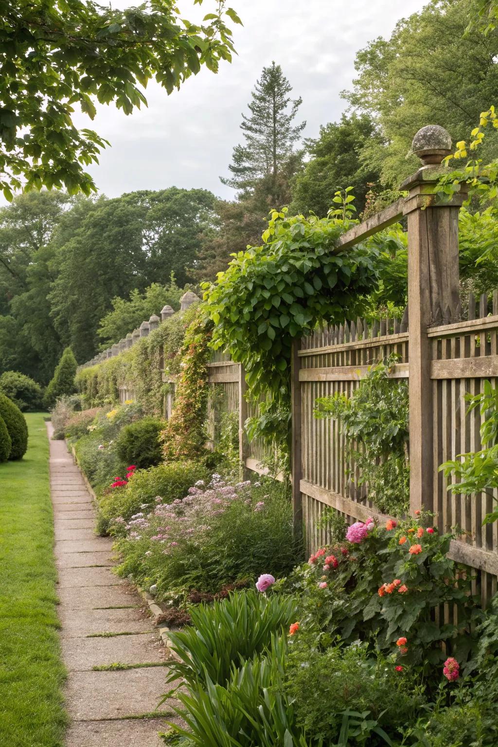 A fence that seamlessly integrates with the lush landscaping of the garden.