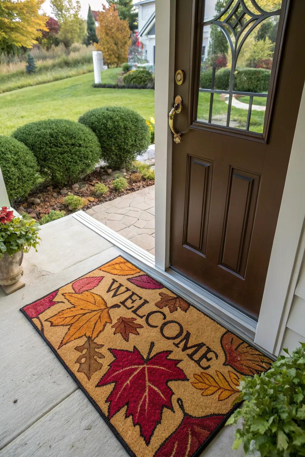 A seasonal welcome mat sets a joyful tone.