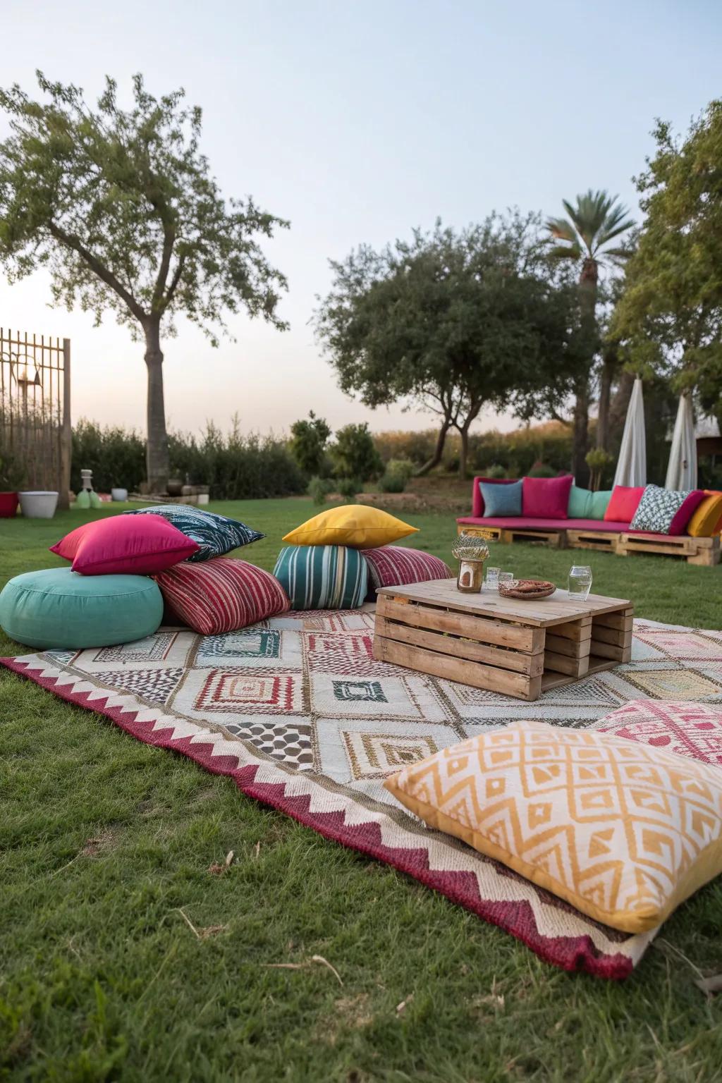 Add decorative rugs and cushions for comfort and style.