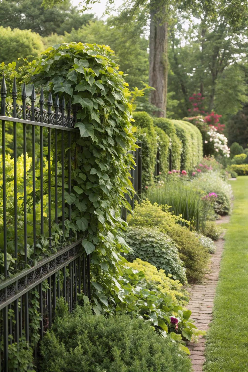 Climbing plants create a green tapestry on vertical surfaces.