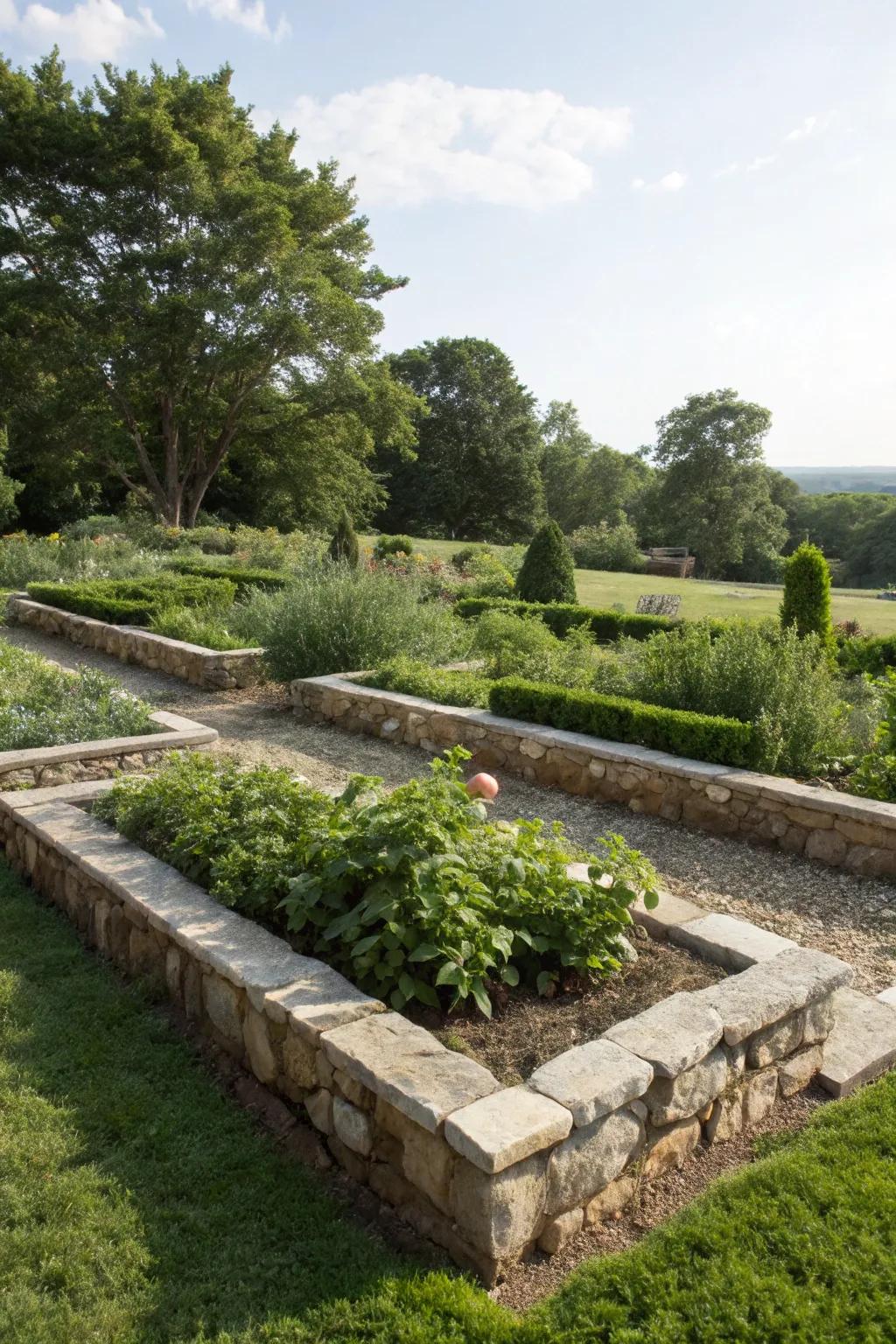 Neat stone borders and edging defining a garden bed.