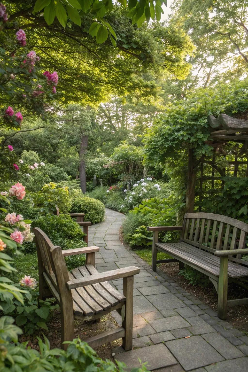A tranquil seating area with benches nestled in a northeast garden.