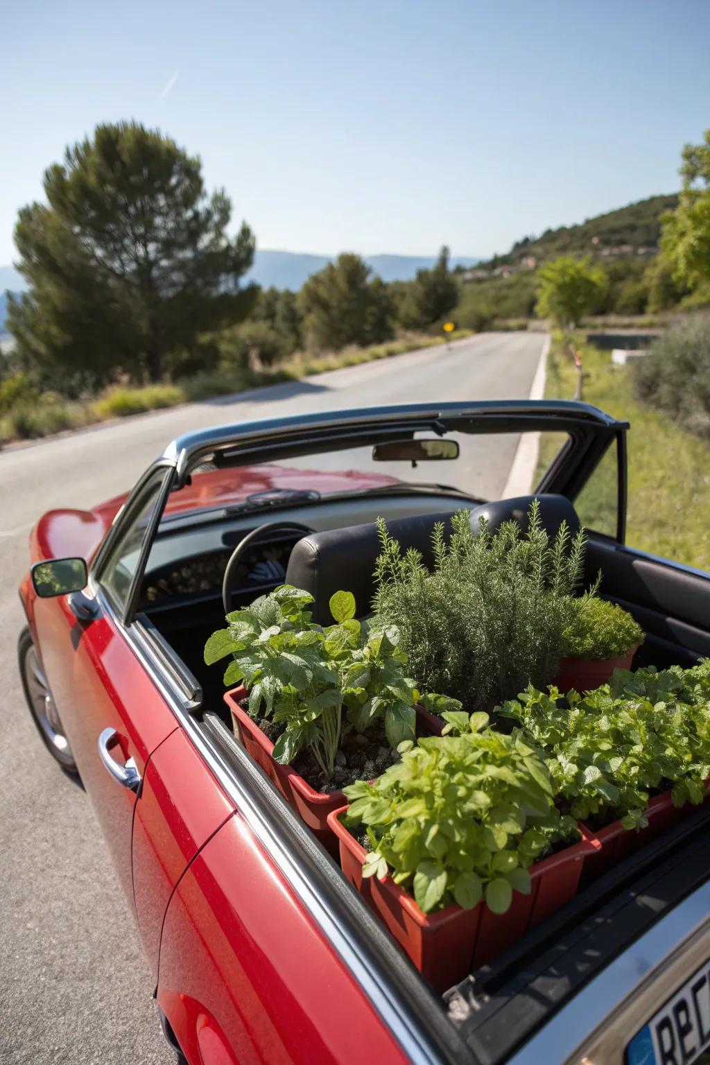 A convertible car turned into a lush herb garden.