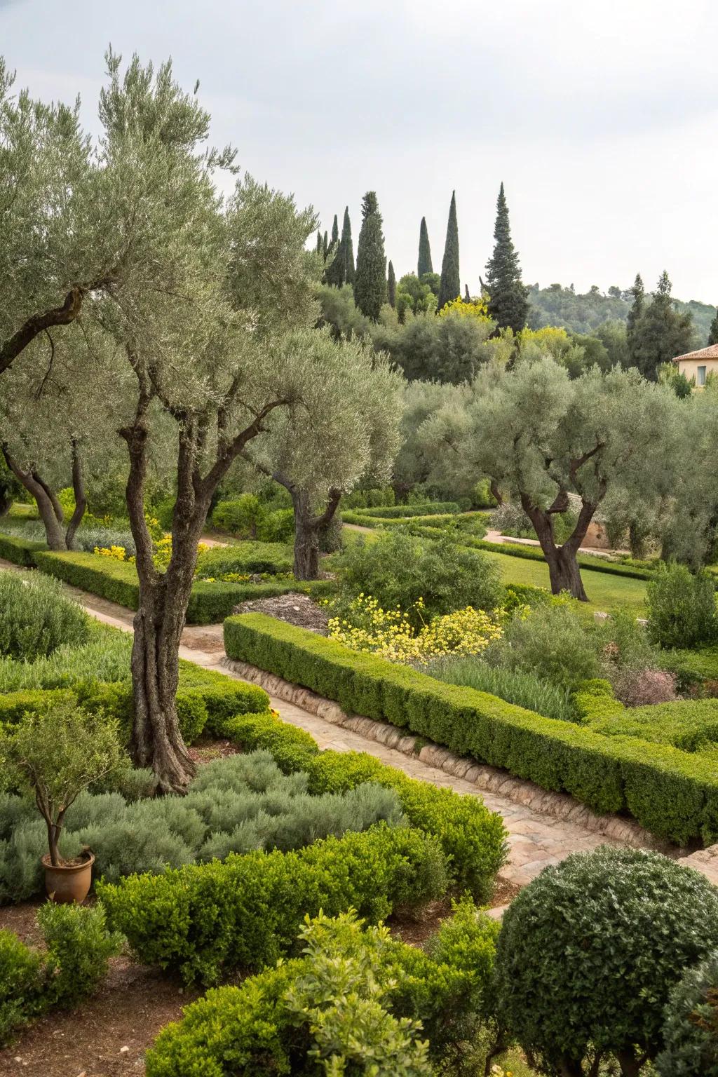 A garden featuring olive trees with complementary shrubs and hedges.
