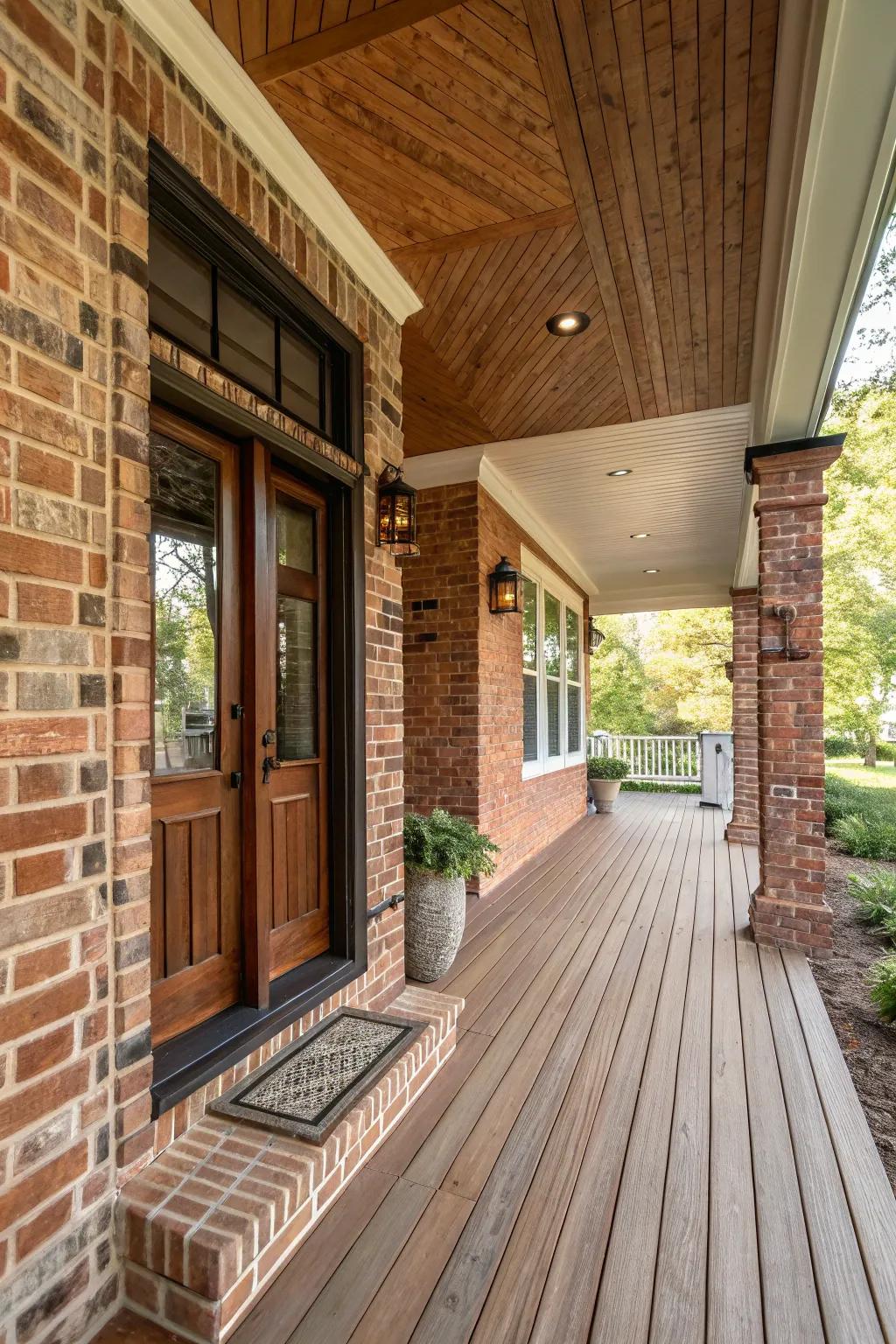 A textured open front porch using a mix of wood and brick materials.