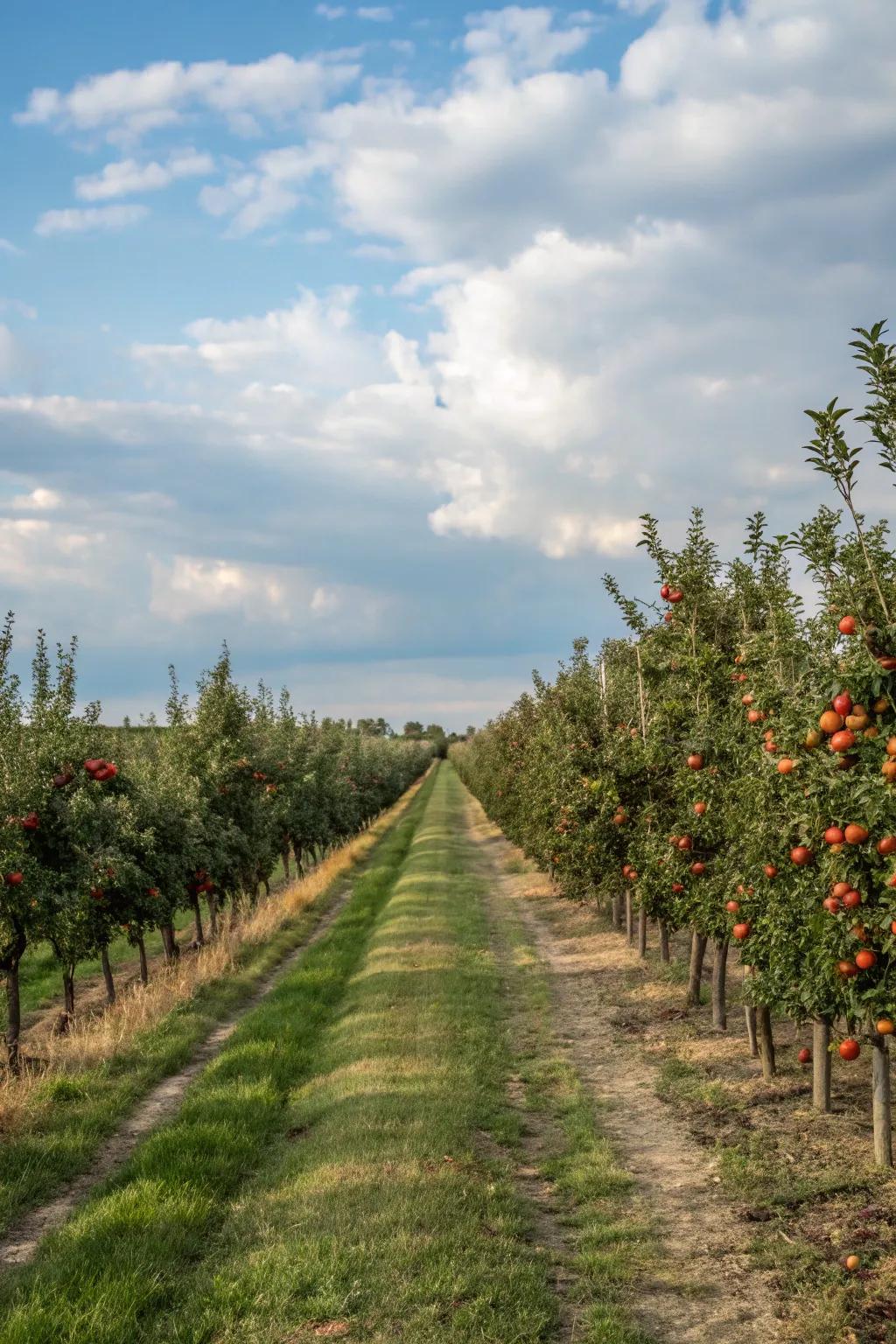 Symmetrical layouts create a harmonious orchard design.