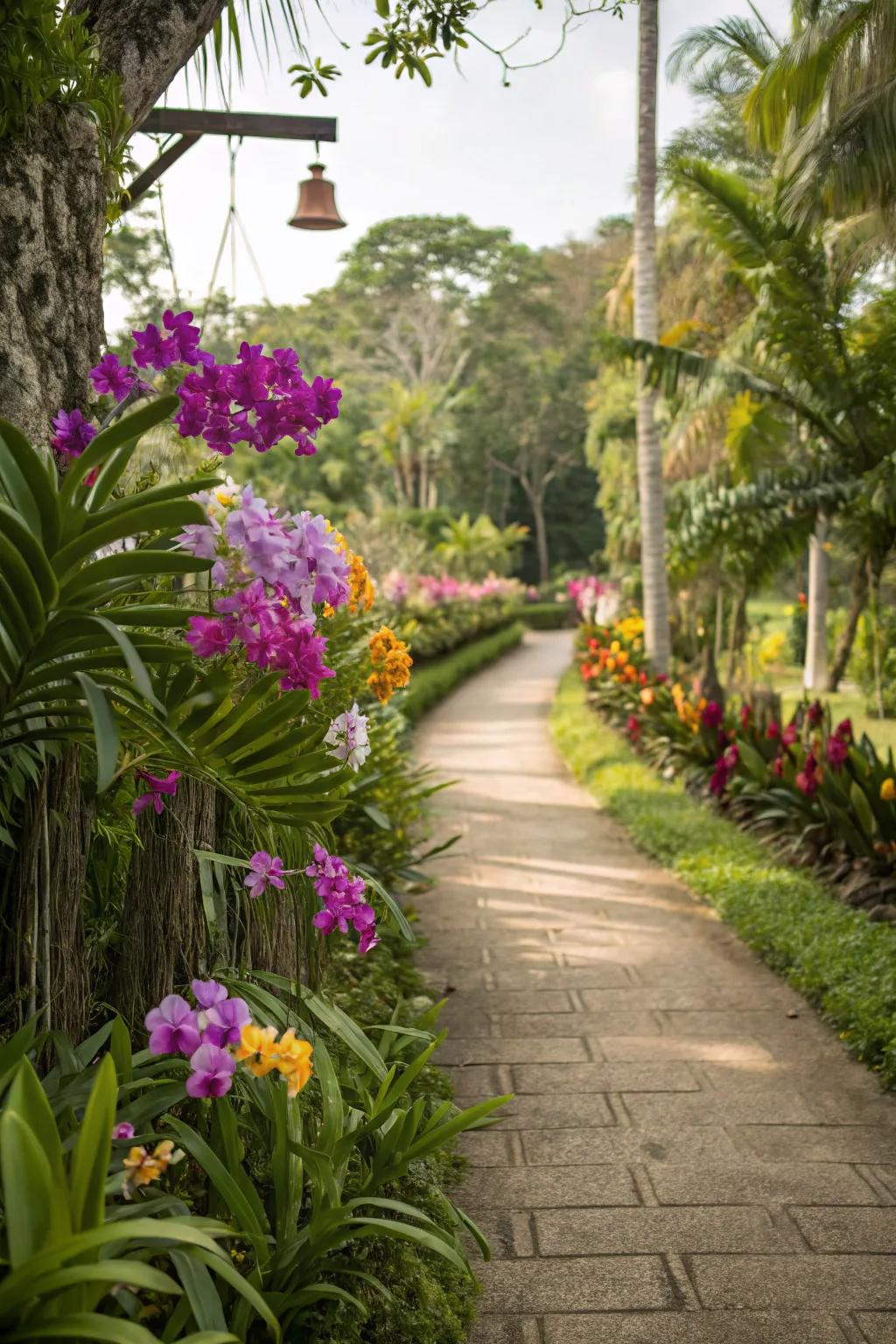 Orchid-lined paths invite a magical garden stroll.