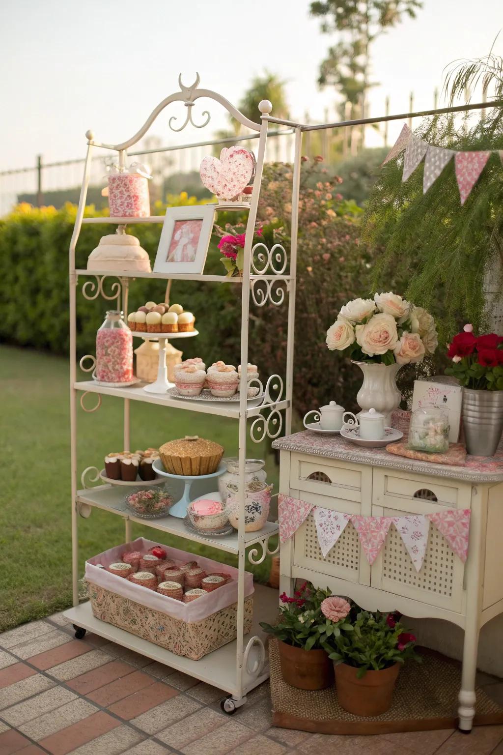 A themed baker's rack, showcasing a personalized touch in the garden.