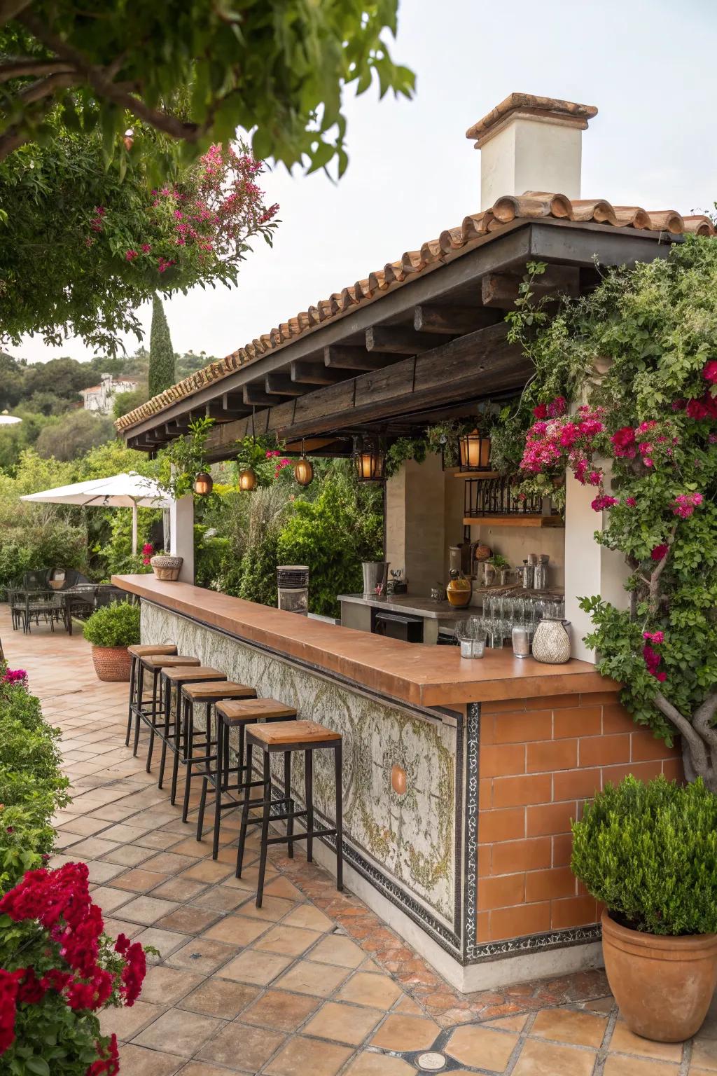 Terracotta tiles infuse Mediterranean warmth into outdoor bars.