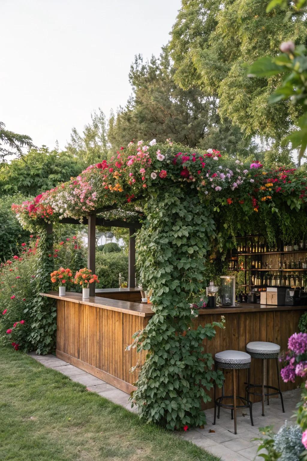 A green canopy of climbing plants offers a sustainable and refreshing shade solution.