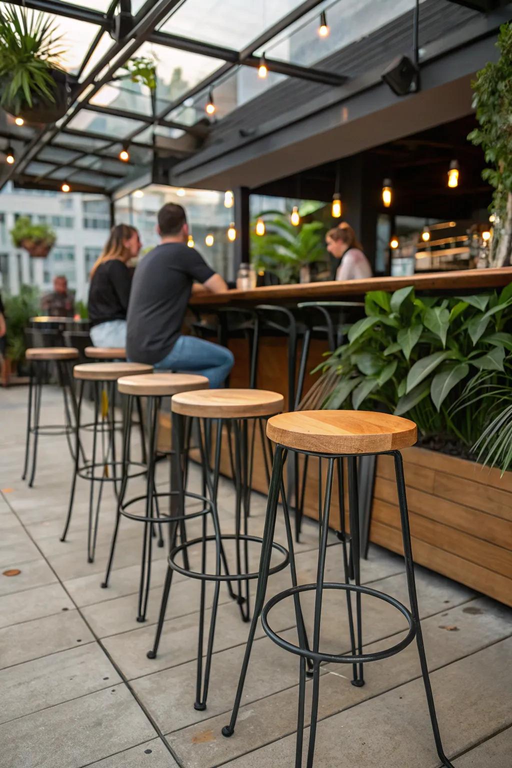 Mix materials for a dynamic and eclectic outdoor bar style.