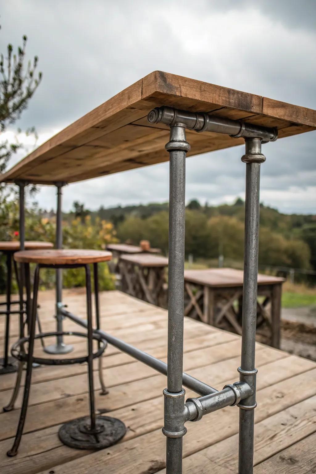 An industrial bar table design that mixes urban and natural elements.