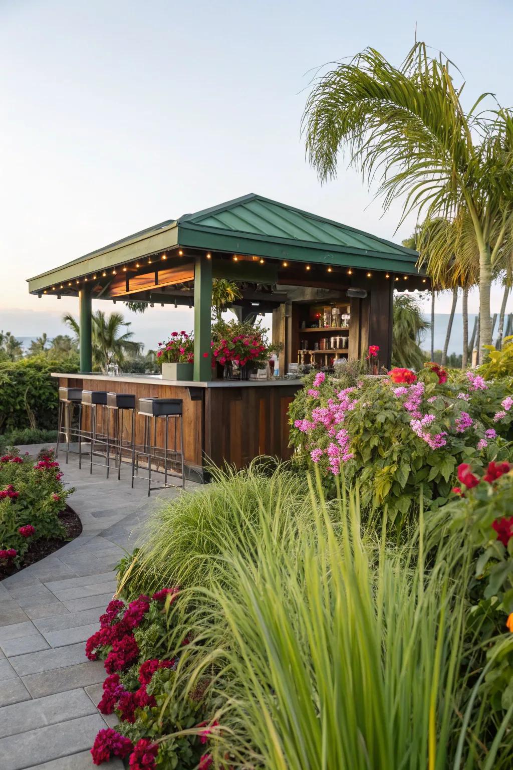 A green roof adds an eco-friendly touch to your outdoor bar.