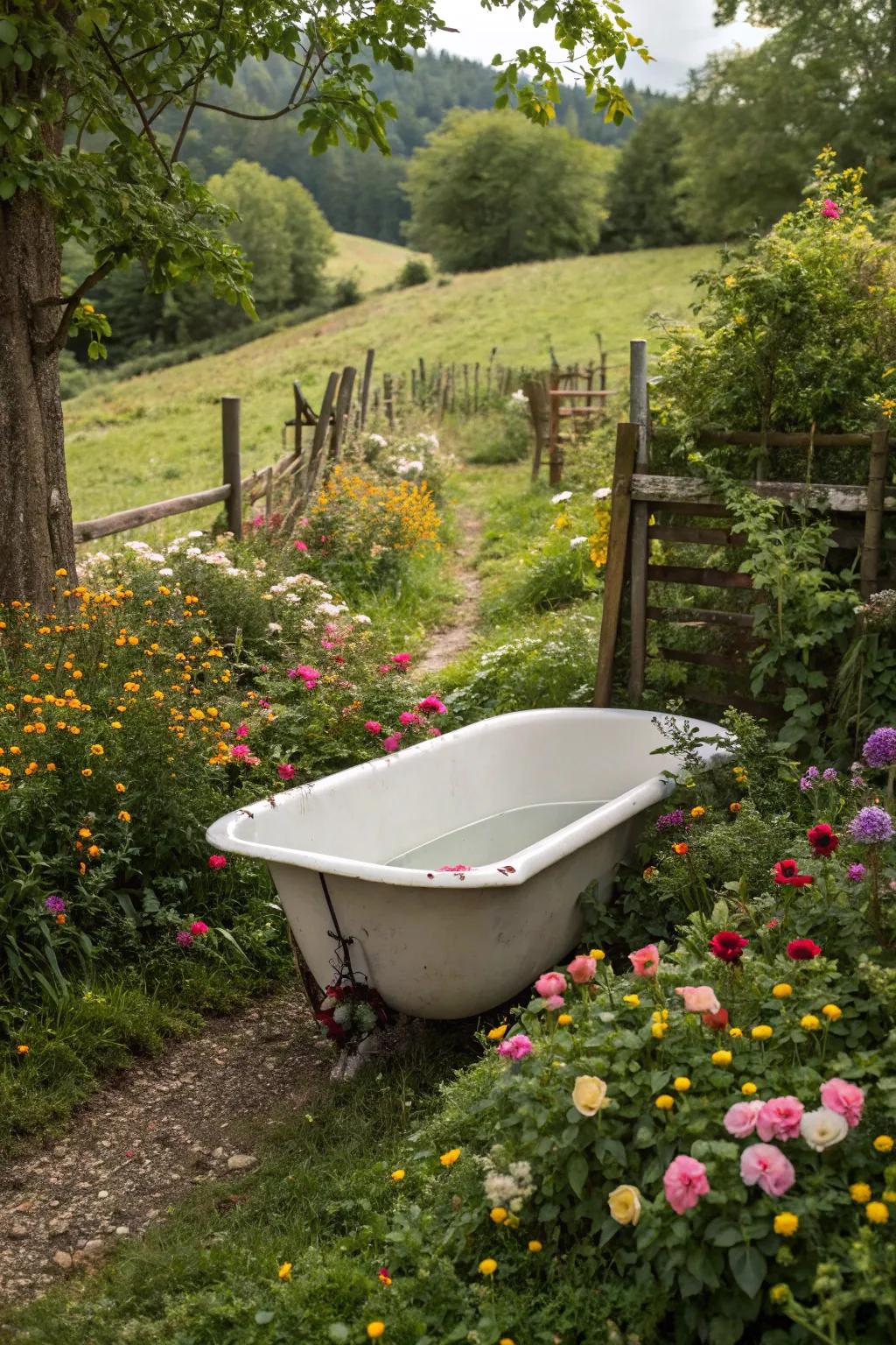 A garden oasis with a tub enveloped by colorful blooms.