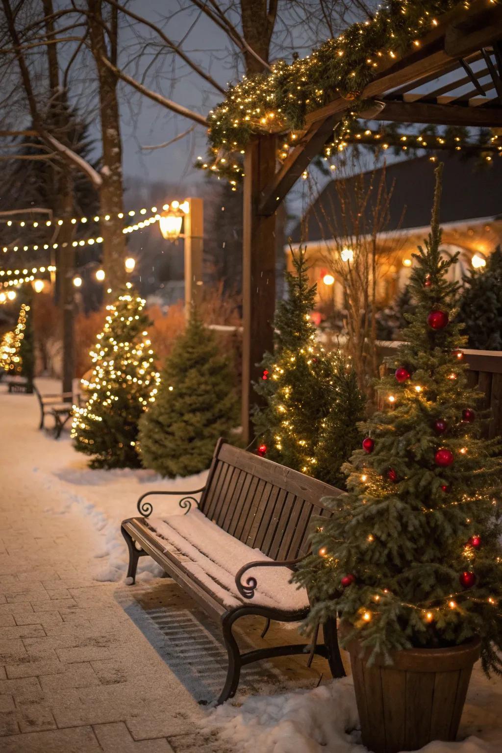 Miniature Christmas trees add a delightful festive touch.