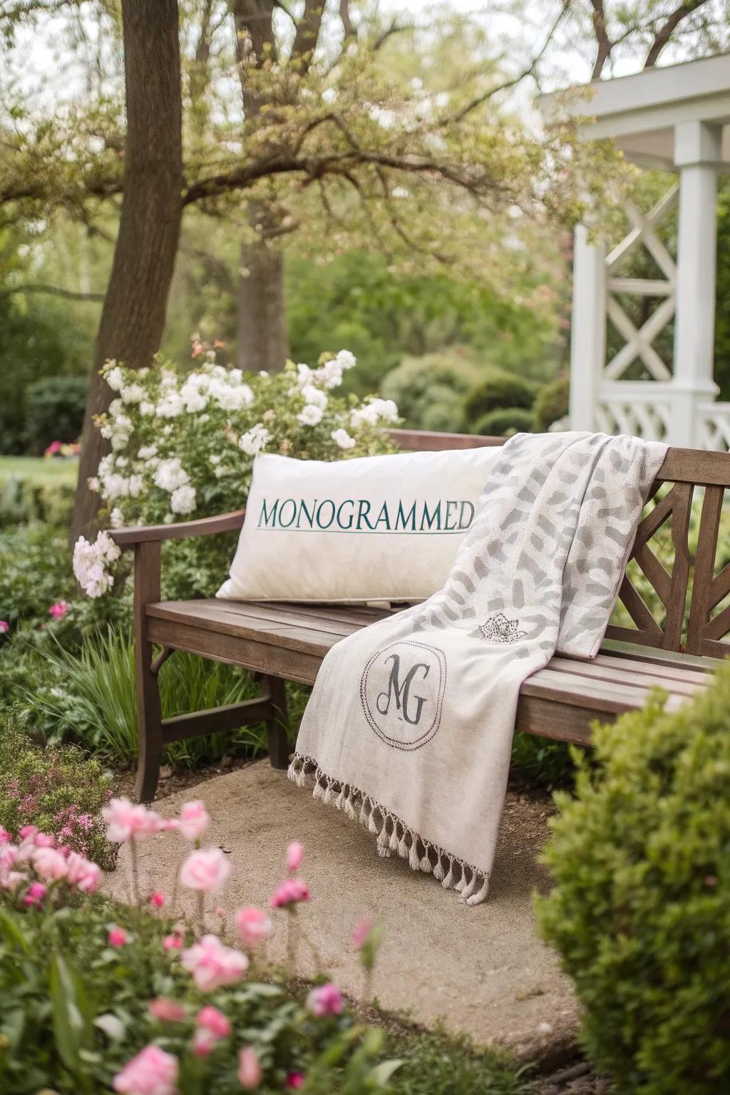 A bench with personalized cushions and a monogrammed throw.