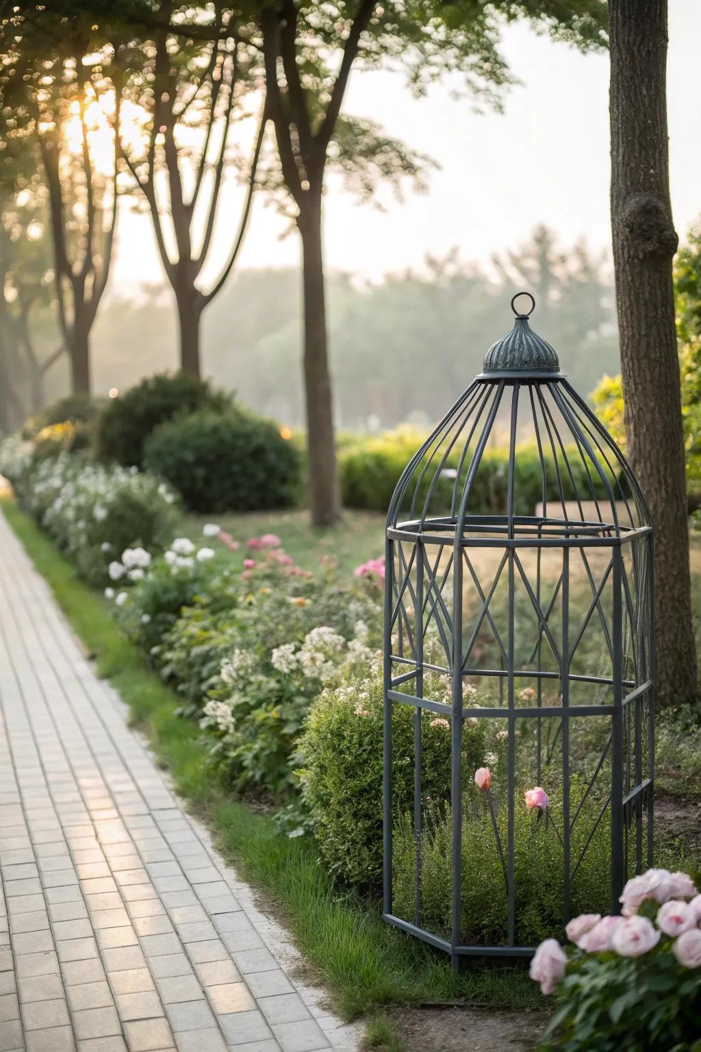 A modern geometric bird cage adds a touch of sophistication.