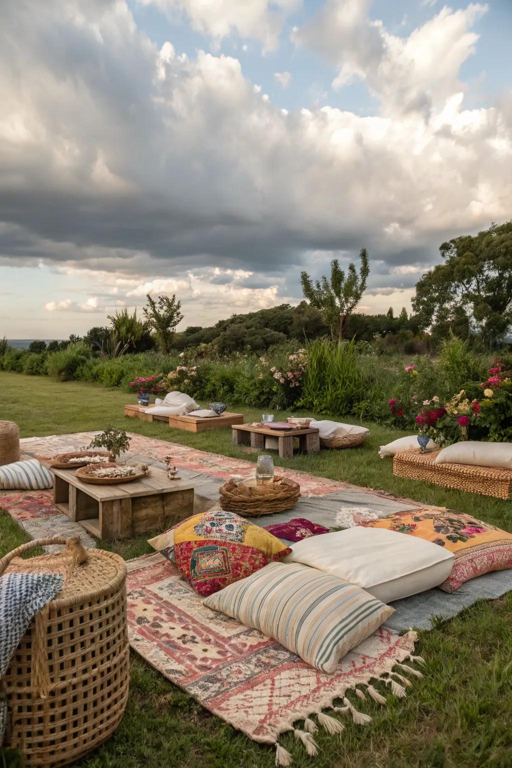 A cozy boho picnic setup with cushions and low tables.