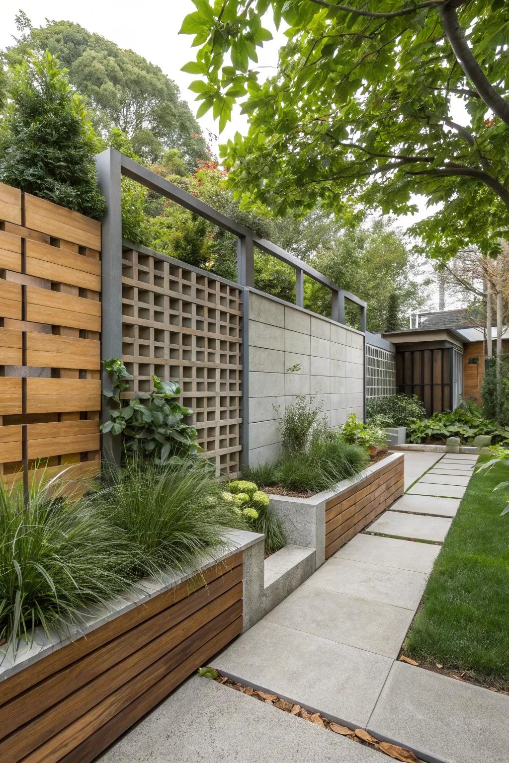 A contemporary garden wall of mixed materials