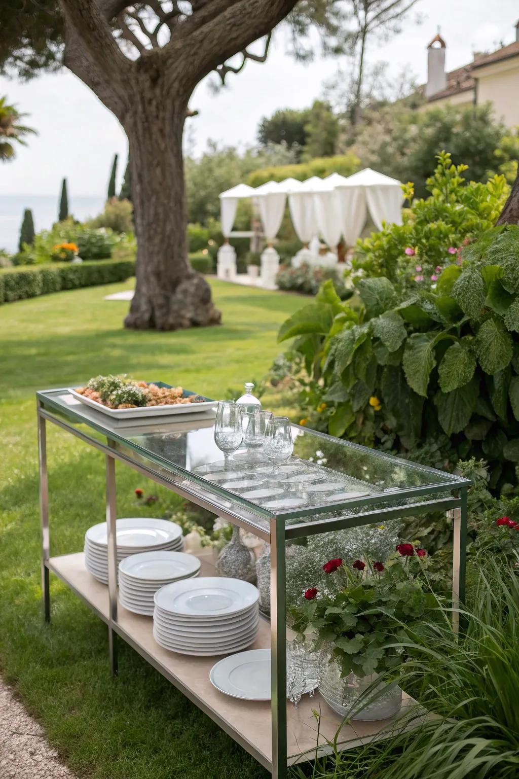 A floating effect with a glass-topped buffet table.