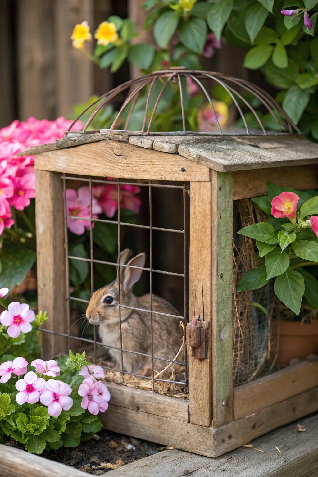 A classic wood and wire bunny cage with rustic charm.