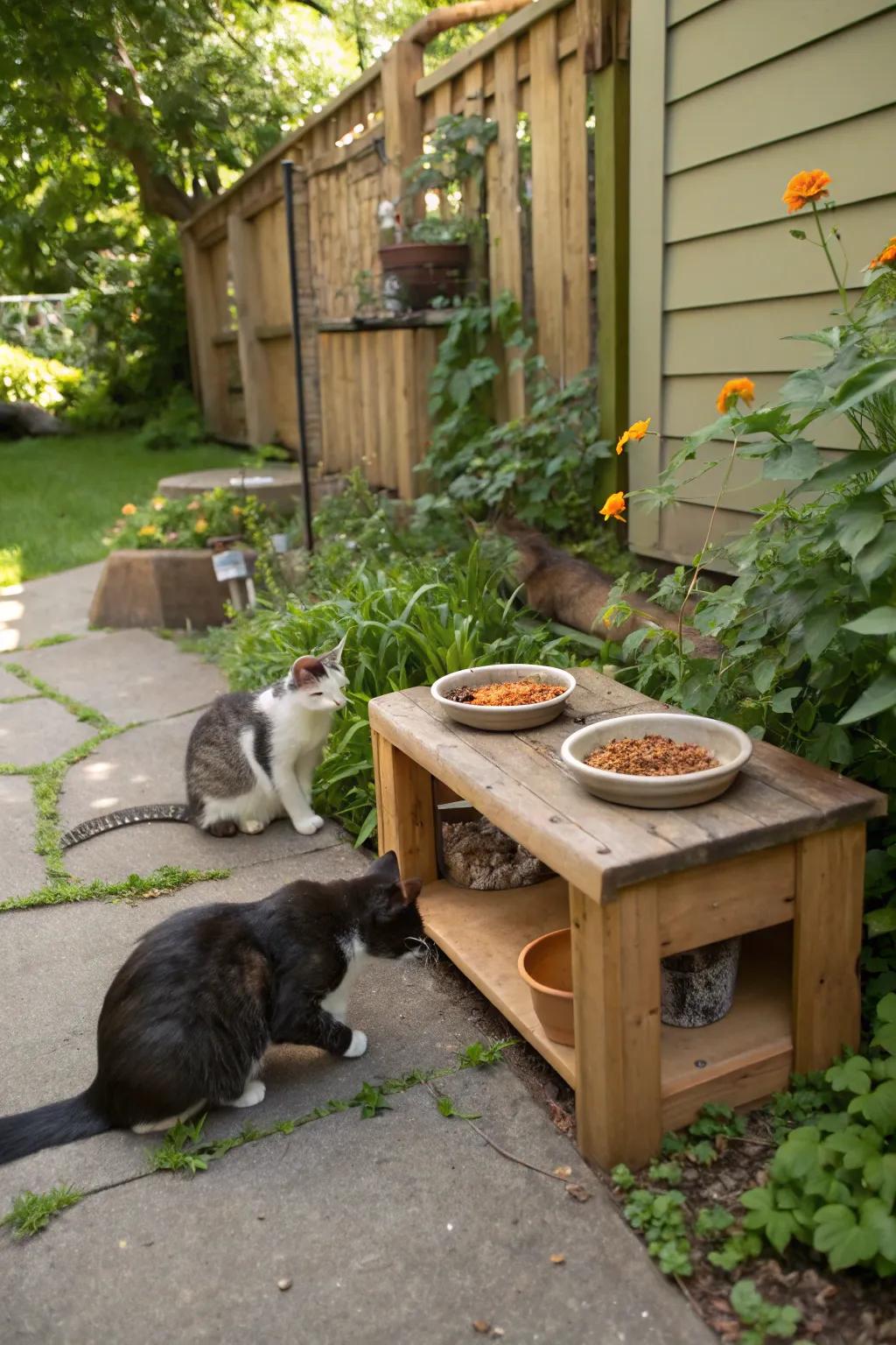 A feeding station designed to be accessible for community cats.