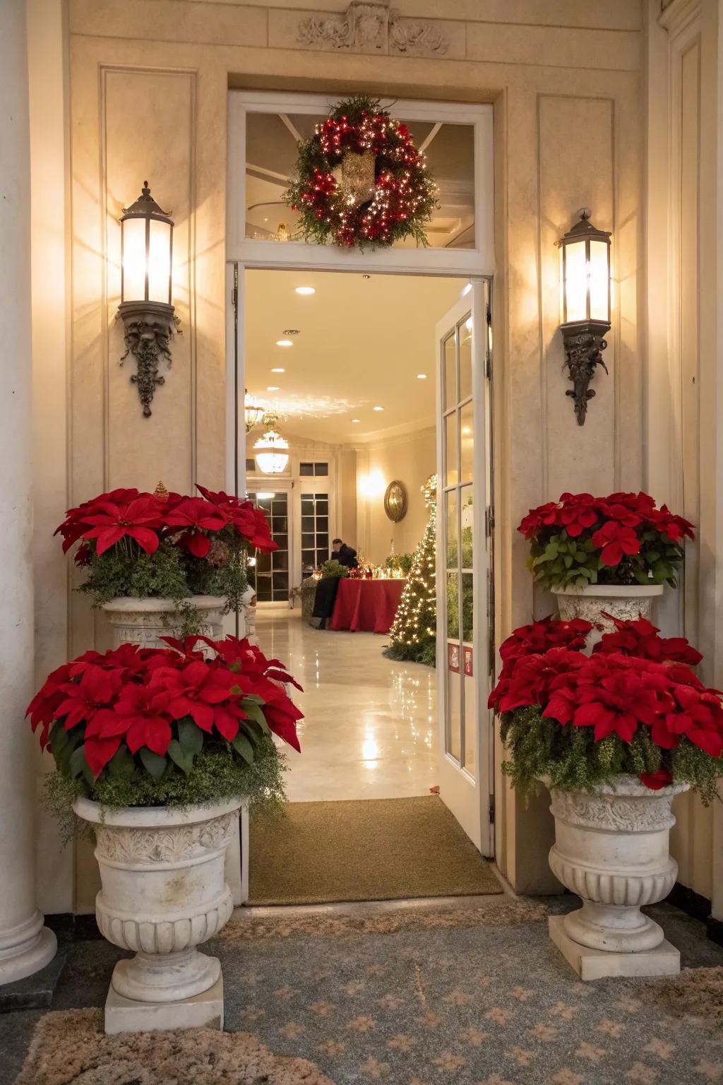 Poinsettias add festive color to any entryway.