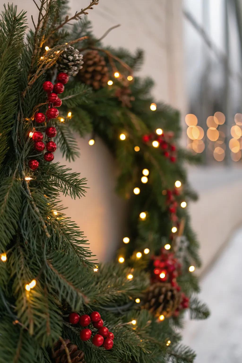 A wreath adorned with twinkle lights for a warm, festive glow.