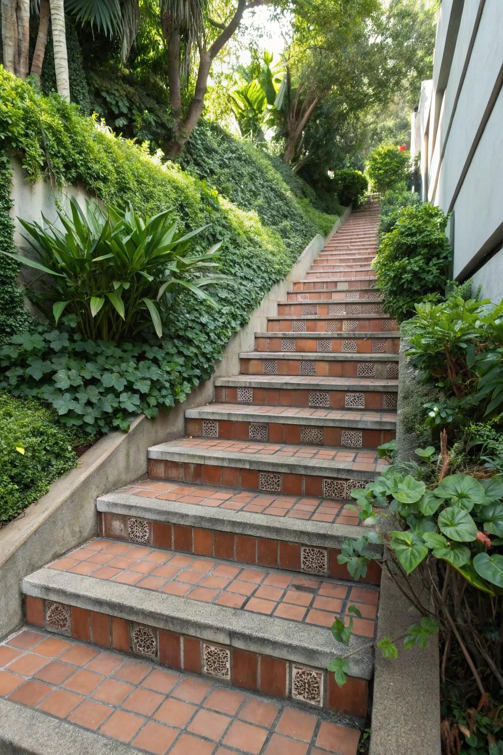 Concrete stairs with a classic faux brick finish.