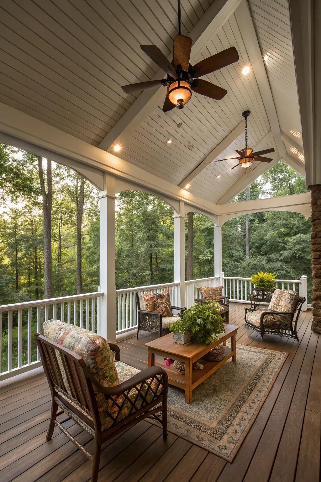 A traditional deck with a gabled roof for classic elegance.