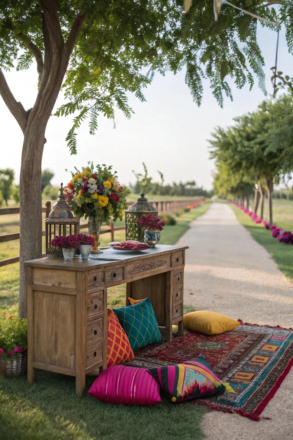 Stylish decor adds a personal touch to outdoor workspaces.