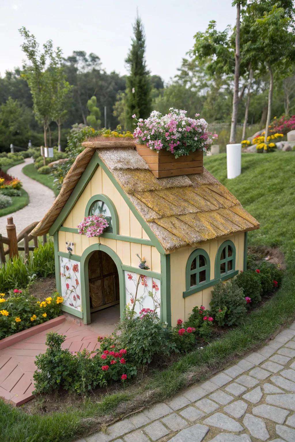 A whimsical cottage-style dog house with charming details.